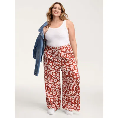 Bloomchic Women's Plus Size Floral Print Wide-leg Drawstring Pants Maroon Floral Wide Leg Mid Rise Casual 10/m In Burgundy