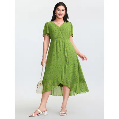 Bloomchic Women's Plus Size Floral Print Wrap Neck Ruffled Edge Midi Dress Applegreen Animal Motif Midi Elegan