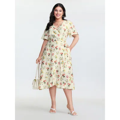 Bloomchic Women's Plus Size Floral Print Wrap Neckline Pockets Midi Dress Ivory Ditsy Floral Midi Elegant Over In White
