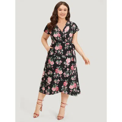 Bloomchic Women's Plus Size Floral Print Wrap Pocket Knot Asymmetrical Hem Dress Black Dailywear Wrap / Overla