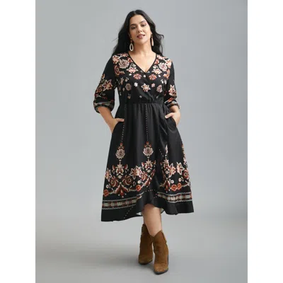 Bloomchic Women's Plus Size Floral Print Wrap Ruffled Hem Dress Blackflower Bohemian Print Midi Vacation Ruffl