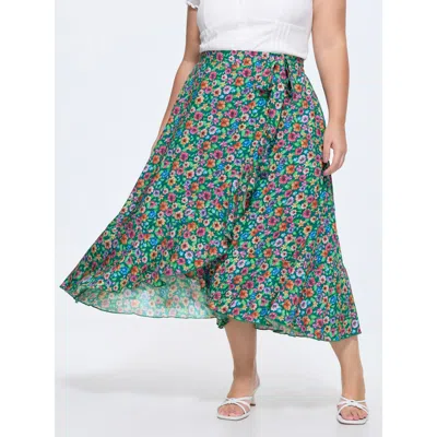 Bloomchic Women's Plus Size Floral Print Wrap Side-tie Midi Dress Malachitegreen Lace-up A-line Elegant 10/m