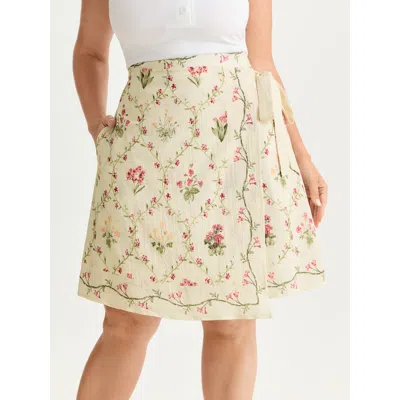 Bloomchic Women's Plus Size Floral Print Wrap Tie Midi Skirt Apricot Lace-up Slight Flare Elegant 10/m In Orange