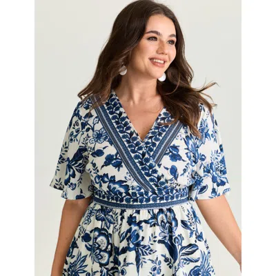 Bloomchic Women's Plus Size Floral Print Wrap-neck Pocket Midi Dress Navy Botanical Midi Vacation Wrap / Overl In Blue