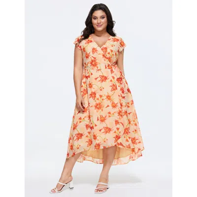 Bloomchic Women's Plus Size Floral Print Wrap-tie Front High Low Hem Midi Dress Coral Floral Maxi Elegant Lace In Orange