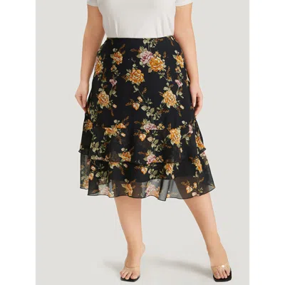 Bloomchic Women's Plus Size Floral Printed Flutter Layered Skirt Black See Through Dailywear 26/4x