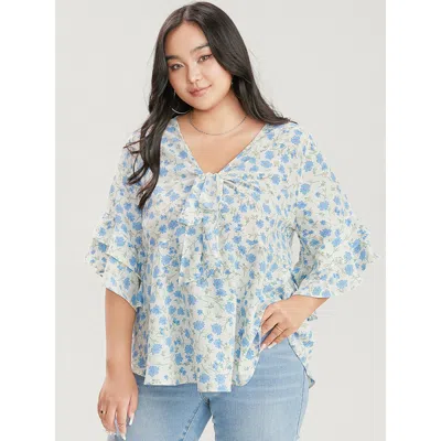 Bloomchic Women's Plus Size Floral Printed Knotted Front V Neck Ruffle Sleeve Blouse White Dailywear 3/4 Sleev