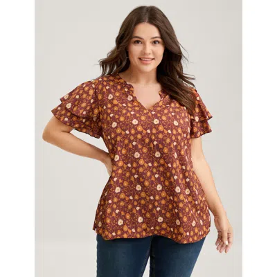 Bloomchic Women's Plus Size Floral Printed Layered Ruffled Sleeve Blouse Browncoffeecolor Floral Elegant Short