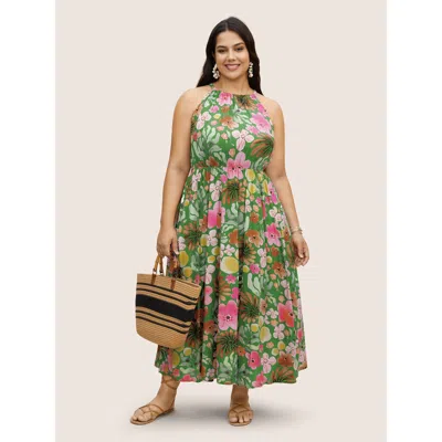 Bloomchic Women's Plus Size Floral Printed Patchwork Side Seam Pocket Dress Truegreen Ditsy Floral Maxi Vacati