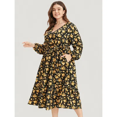 Bloomchic Women's Plus Size Floral Printed Pocket Lantern Sleeve Belted Wrap Midi Dress Black Floral Everyday 