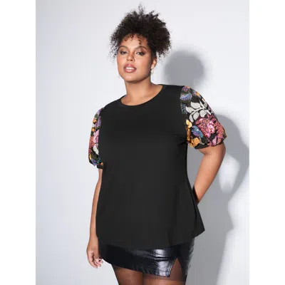 Bloomchic Women's Plus Size Floral Puffy Sleeve Color Contrast T-shirt Black Synthetic Texture Party Short Sle