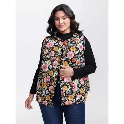 Bloomchic Women's Plus Size Floral Quilted Cotton Ruffled Neck Vest Multicolor Button 12/l