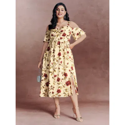 Bloomchic Women's Plus Size Floral Romance Cut-out Shoulder Shirred Midi Dress Multicolor Floral Midi Party Ga