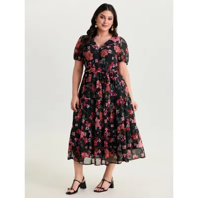Bloomchic Women's Plus Size Floral Romance Pockets Belted Midi Dress Blackflower Ditsy Floral Tunic Elegant La