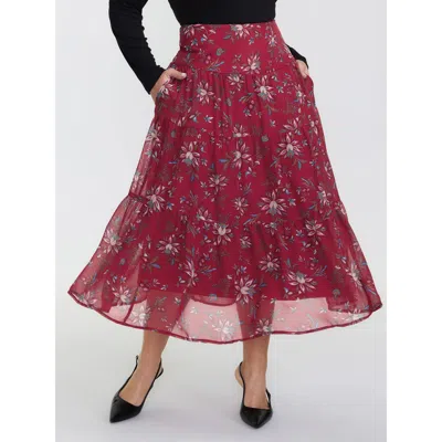 Bloomchic Women's Plus Size Floral Romance Shirred A-line Midi Skirt Scarlet Tiered A-line Elegant 10/m In Red