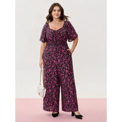 Bloomchic Women's Plus Size Floral Romance Shirred Waist Jumpsuit Blackflower Elegant 10/m