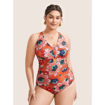 Bloomchic Women's Plus Size Floral Ruched Crisscross Buckle Detail One Piece Swimsuit Multicolor Floral Gather