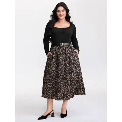 Bloomchic Women's Plus Size Floral Ruched Detachable Belt Maxi Dress Black Ditsy Floral Midi Elegant Colorbloc
