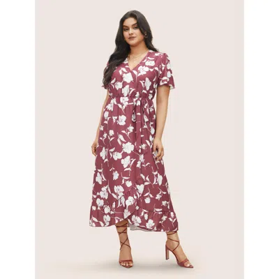 Bloomchic Women's Plus Size Floral Ruffle Knot Side Wrap Dress Dustypink Floral Midi Elegant Wrap / Overlap 10 In Pink