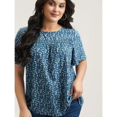 Bloomchic Women's Plus Size Floral Ruffle Sleeve Gathered Round Neck Blouse Aegean Ditsy Floral Casual Short S In Blue