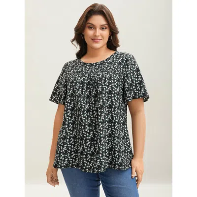 Bloomchic Women's Plus Size Floral Ruffle Sleeve Gathered Round Neck Blouse Black Ditsy Floral Casual Short Sl