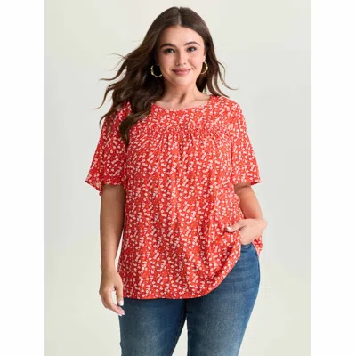 Bloomchic Women's Plus Size Floral Ruffle Sleeve Gathered Round Neck Blouse Crimson Ditsy Floral Casual Short  In Red