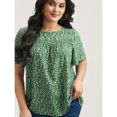 Bloomchic Women's Plus Size Floral Ruffle Sleeve Gathered Round Neck Blouse Greenbean Ditsy Floral Casual Shor