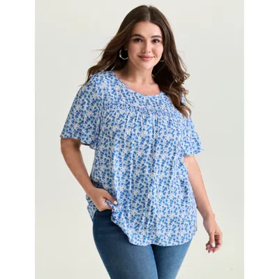 Bloomchic Women's Plus Size Floral Ruffle Sleeve Gathered Round Neck Blouse Ivory Ditsy Floral Casual Short Sl In White