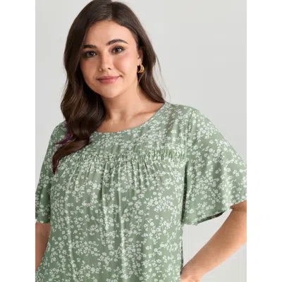 Bloomchic Women's Plus Size Floral Ruffle Sleeve Gathered Round Neck Blouse Lightgreen Ditsy Floral Casual Sho