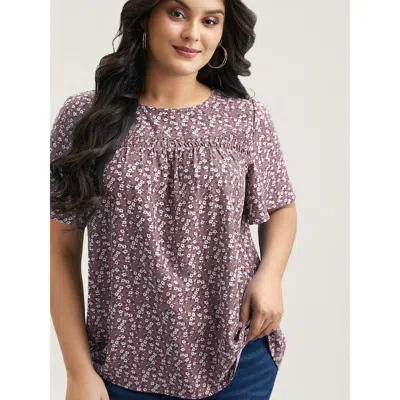 Bloomchic Women's Plus Size Floral Ruffle Sleeve Gathered Round Neck Blouse Lilac Ditsy Floral Casual Short Sl In Purple
