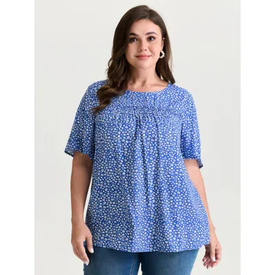 Bloomchic Women's Plus Size Floral Ruffle Sleeve Gathered Round Neck Blouse Mediumblue Ditsy Floral Casual Sho