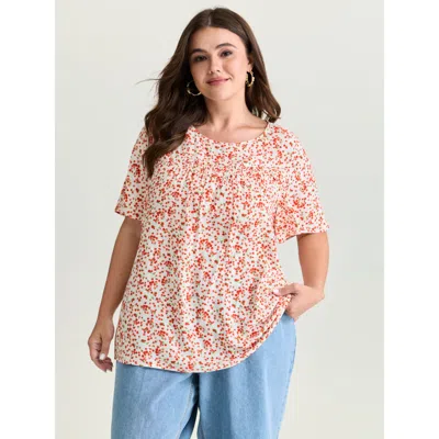 Bloomchic Women's Plus Size Floral Ruffle Sleeve Gathered Round Neck Blouse Raspberry Ditsy Floral Casual Shor In Pink