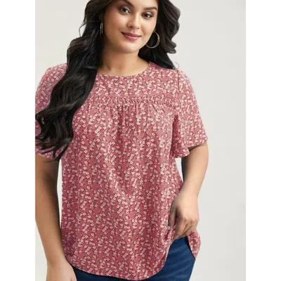 Bloomchic Women's Plus Size Floral Ruffle Sleeve Gathered Round Neck Blouse Watermelon Ditsy Floral Casual Sho In Green