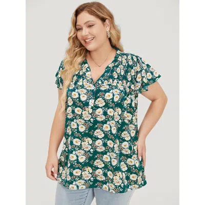 Bloomchic Women's Plus Size Floral Ruffle Sleeve Shirred Button Up Frill Trim Blouse Cerulean Dailywear Short  In Blue