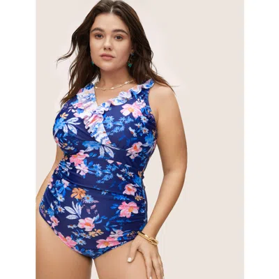 Bloomchic Women's Plus Size Floral Ruffle Trim Adjustable Straps One Piece Swimsuit Indigo Floral Non Adaptive In Purple