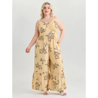 Bloomchic Women's Plus Size Floral Ruffled Neckline Cinched-waist Jumpsuit Lightyellow Elegant Fitted 10/m