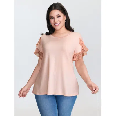 Bloomchic Women's Plus Size Floral Ruffled Sleeve Knit Top Lightpink Short Sleeve Elegant 12/l