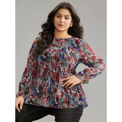 Bloomchic Women's Plus Size Floral Ruffles Elastic Waist Lantern Sleeve Chiffon Blouse Black Everyday Long Sle