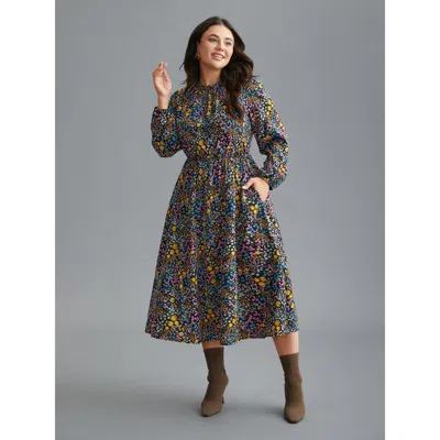 Bloomchic Women's Plus Size Floral Ruffles Mock Neck Elastic Waist Midi Dress Blackflower Ditsy Floral Midi Ev