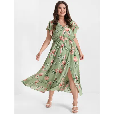 Bloomchic Women's Plus Size Floral Ruffles Raglan Sleeve Ties Wrap Midi Dress Lightgreen Floral Dailywear Prin