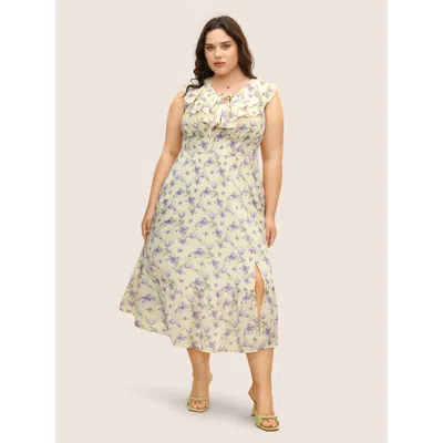 Bloomchic Women's Plus Size Floral Ruffles Shirred Sleeveless Midi Dress Apricot Floral Midi Everyday Cross St In Orange