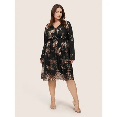 Bloomchic Women's Plus Size Floral Sequin Elastic Waist Mesh Wrap Dress Black Party Sequin 10/m