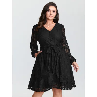 Bloomchic Women's Plus Size Floral Sheer Lace Waist-tie Mini Dress Black Solid Mini Elegant Wide Waistband 10/