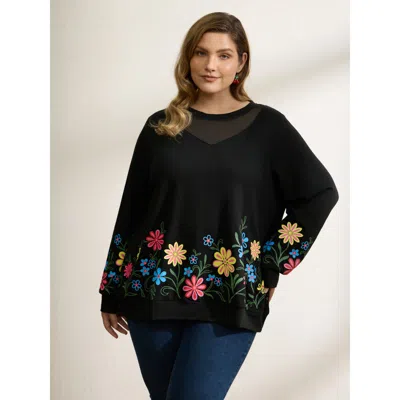 Bloomchic Women's Plus Size Floral Sheer Lined Contrast Sweatshirt Black Elegant 14-16/1x