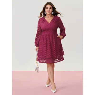 Bloomchic Women's Plus Size Floral Sheer Sleeve Surplice Neck Mini Dress Crimson Solid Midi Elegant Ruffles 10 In Red