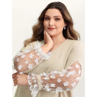 Bloomchic Women's Plus Size Floral Sheer Textured Sleeve V-neck Sweatshirt Apricot Elegant 18-20/2x In Orange