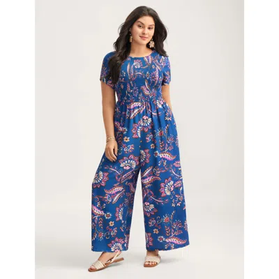Bloomchic Women's Plus Size Floral Shirred Bodice Pockets Jumpsuit Darkblue Vacation 30/6x In Blue