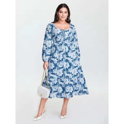 Bloomchic Women's Plus Size Floral Shirred Drawstring Neckline Midi Dress Cerulean Floral Midi Elegant Tiered  In Blue