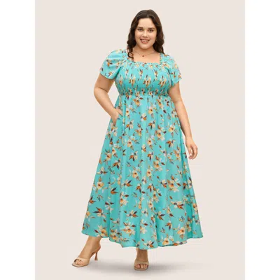 Bloomchic Women's Plus Size Floral Shirred Elastic Waist Split Hem Dress Turquoise Floral Maxi Everyday Frill  In Blue