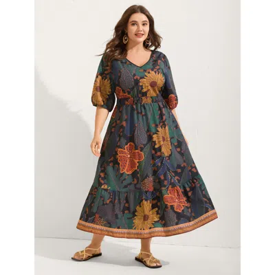 Bloomchic Women's Plus Size Floral Shirred Lantern Sleeve Midi Dress Darkblue Floral Midi Vacation Non 12/l In Blue